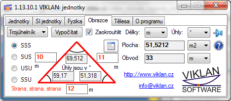 Náhled do programu VIKLAN JEDNOTKY - výpočet obrazce trojúhelníku